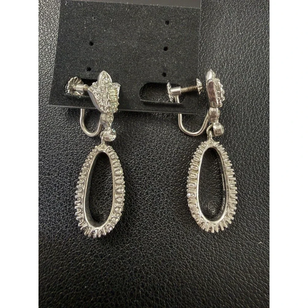 OTIS Sterling Art Deco Rhinestone Suspended Hoop Screw Back Earrings Floral